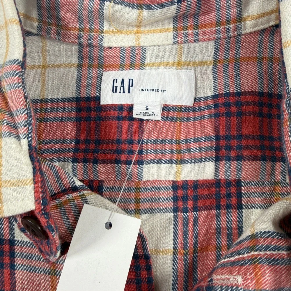 Gap Mens Small Untucked Fit Red Plaid Flannel Button Down Shirt New‎ NWT Cotton